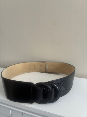 Vintage Christian Dior Black Leather Waist Belt - Snakeskin Ring Detail